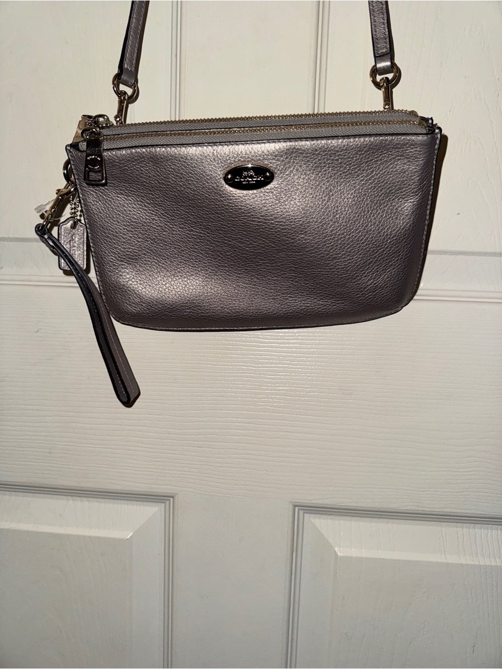 Coach F53157 Metallic Pewter Leather Crossbody Wristlet Double Zip Bag